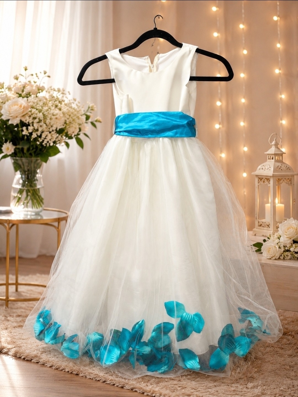 Ivory Tulle Flower Girl Dress with Turquoise Sash and Petals